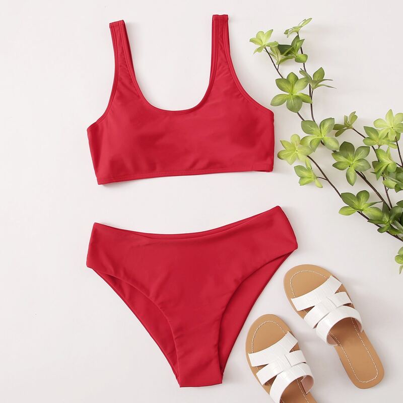 

Solid Scoop Neck Bikini Swimsuit, Rose red