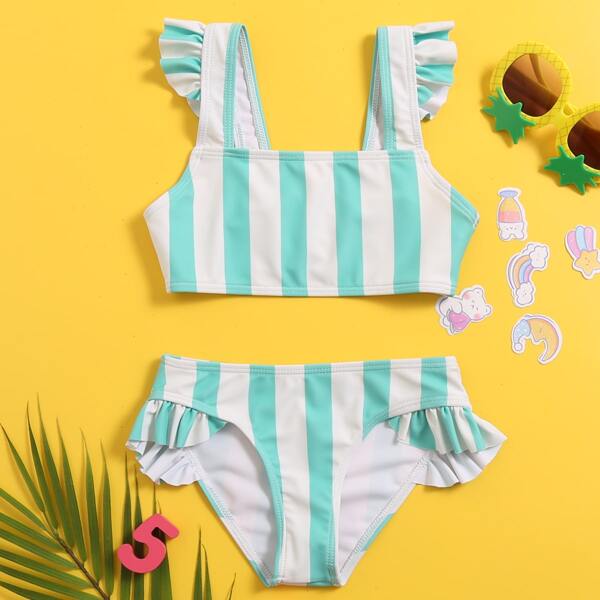 

Toddler Girls Striped Ruffle Trim Bikini Swimsuit, Multicolor