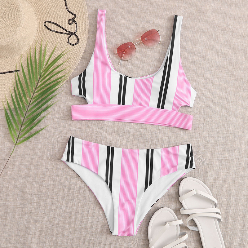 

Stripe Cut-out Tank Bikini Swimsuit, Multicolor