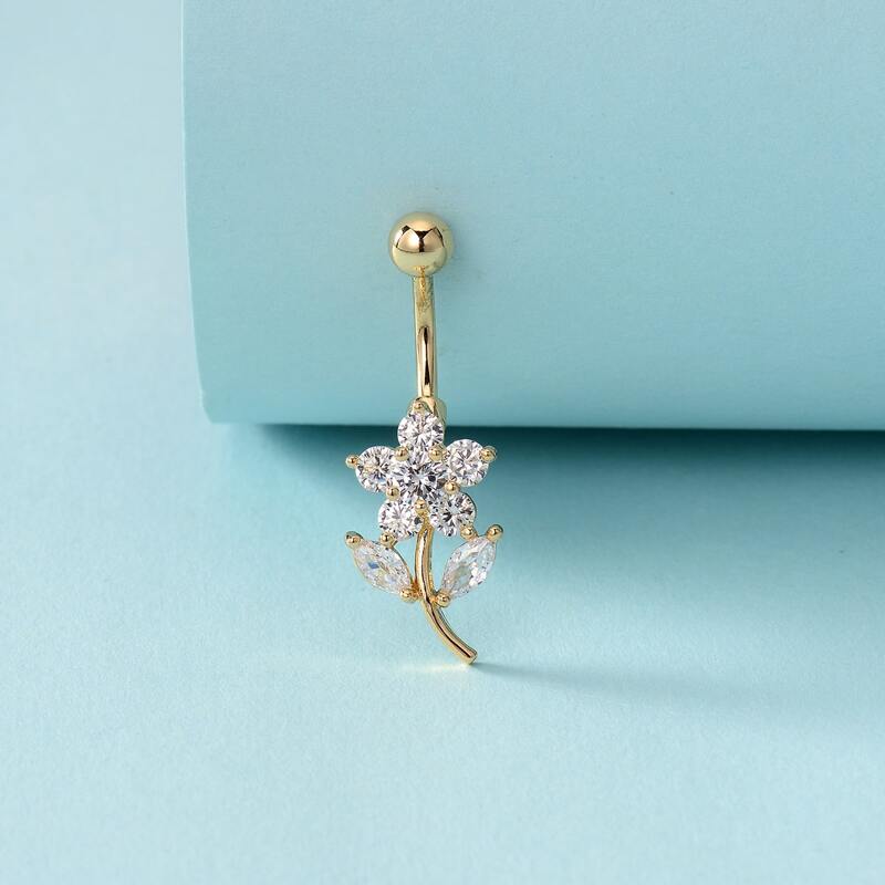 

Rhinestone Flower Decor Belly Bar, Gold