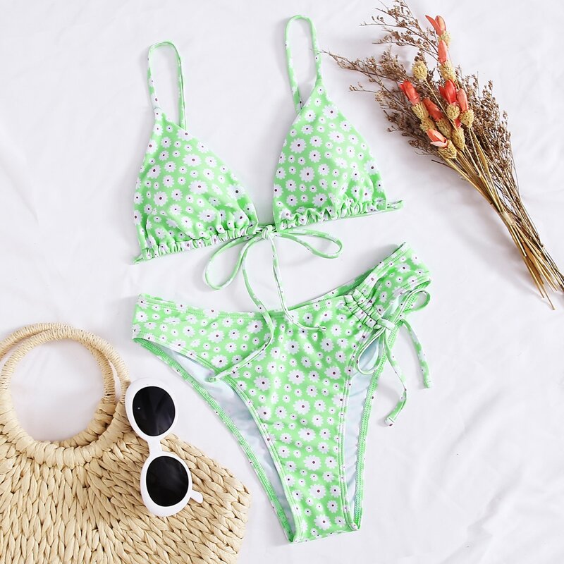 

Daisy Drawstring Side Triangle Bikini Swimsuit, Pastel mint green