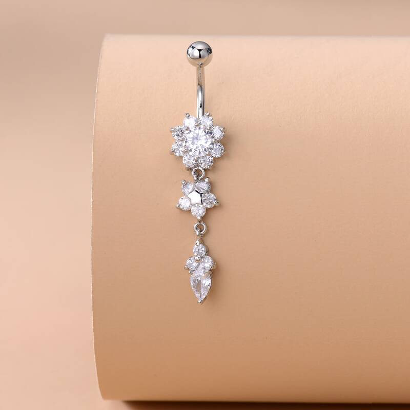 

Rhinestone Flower Charm Belly Button Ring, White
