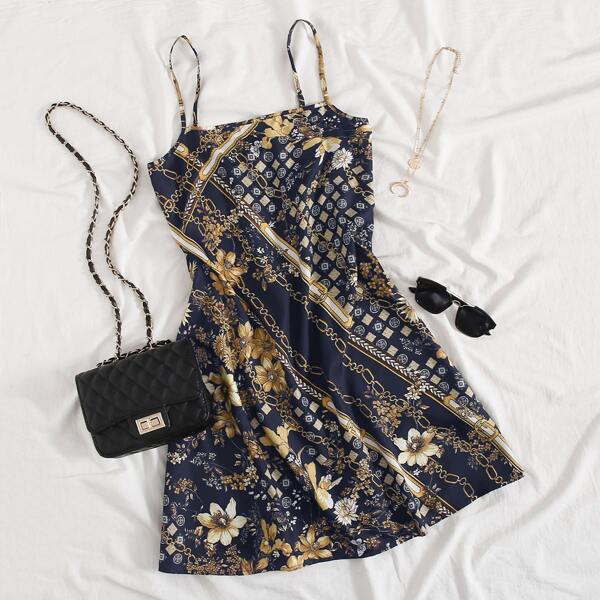 

Chain & Floral Print Cami Dress, Navy blue