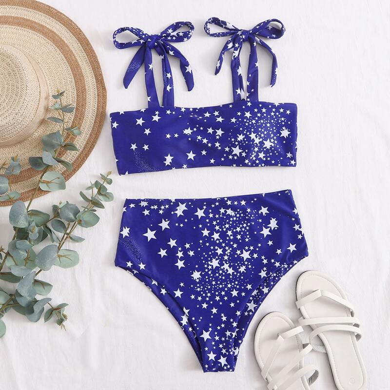 

Star Print Tie Strap High Waist Bikini Swimsuit, Royal blue