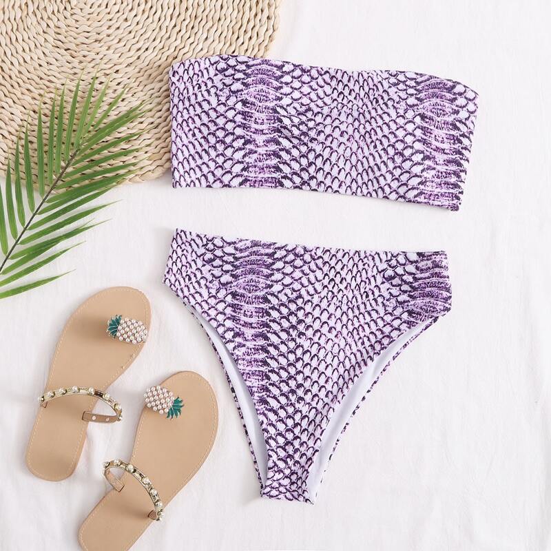

Snakeskin High Waist Bandeau Bikini Swimsuit, Purple