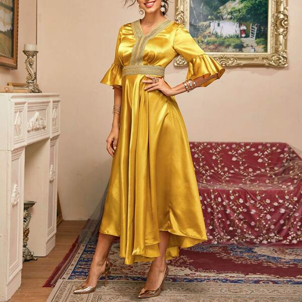

Tape Neck Flounce Sleeve Asymmetrical Hem Satin Dress, Gold