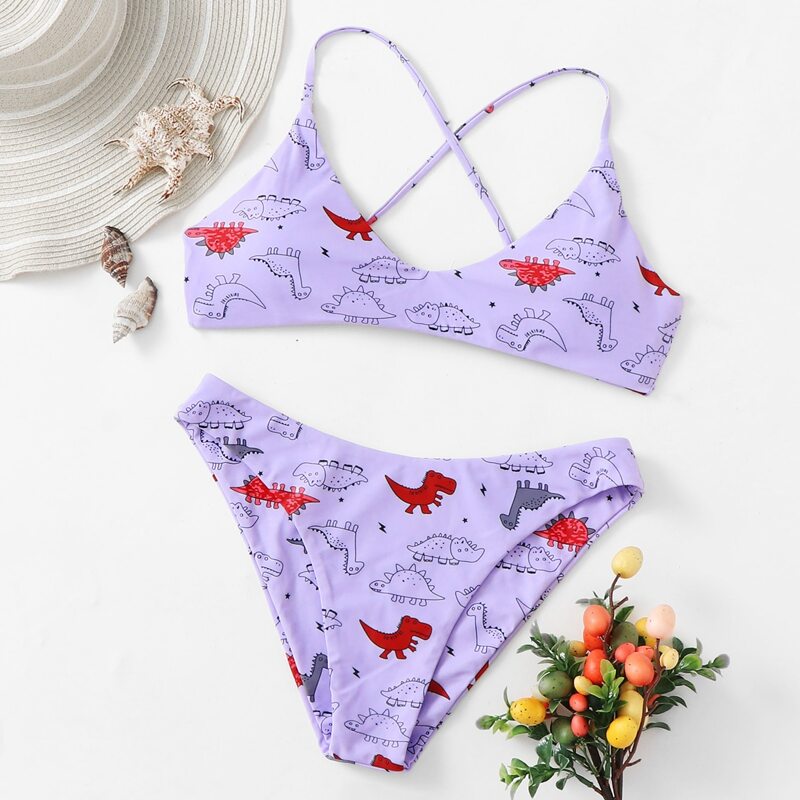 

Cartoon Dinosaur Tie Back Bikini Swimsuit, Pastel lilac purple