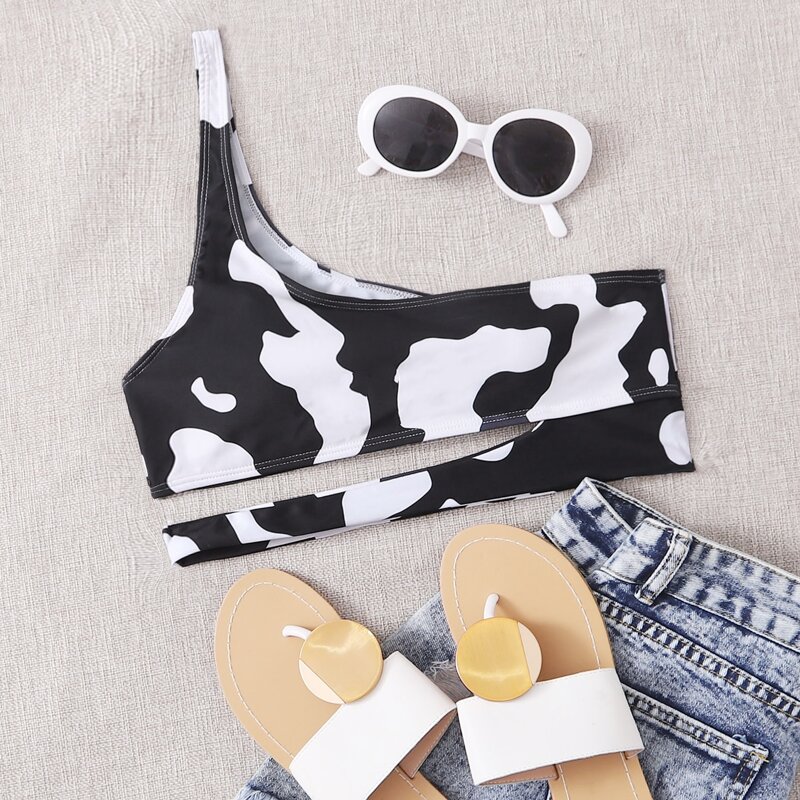 

Cow Print One Shoulder Bikini Top, Black and white