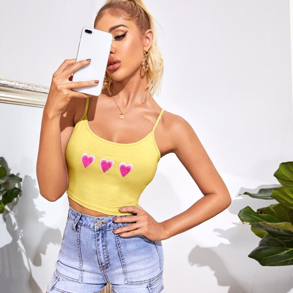 

Embroidered Heart Slim Crop Cami Top, Yellow