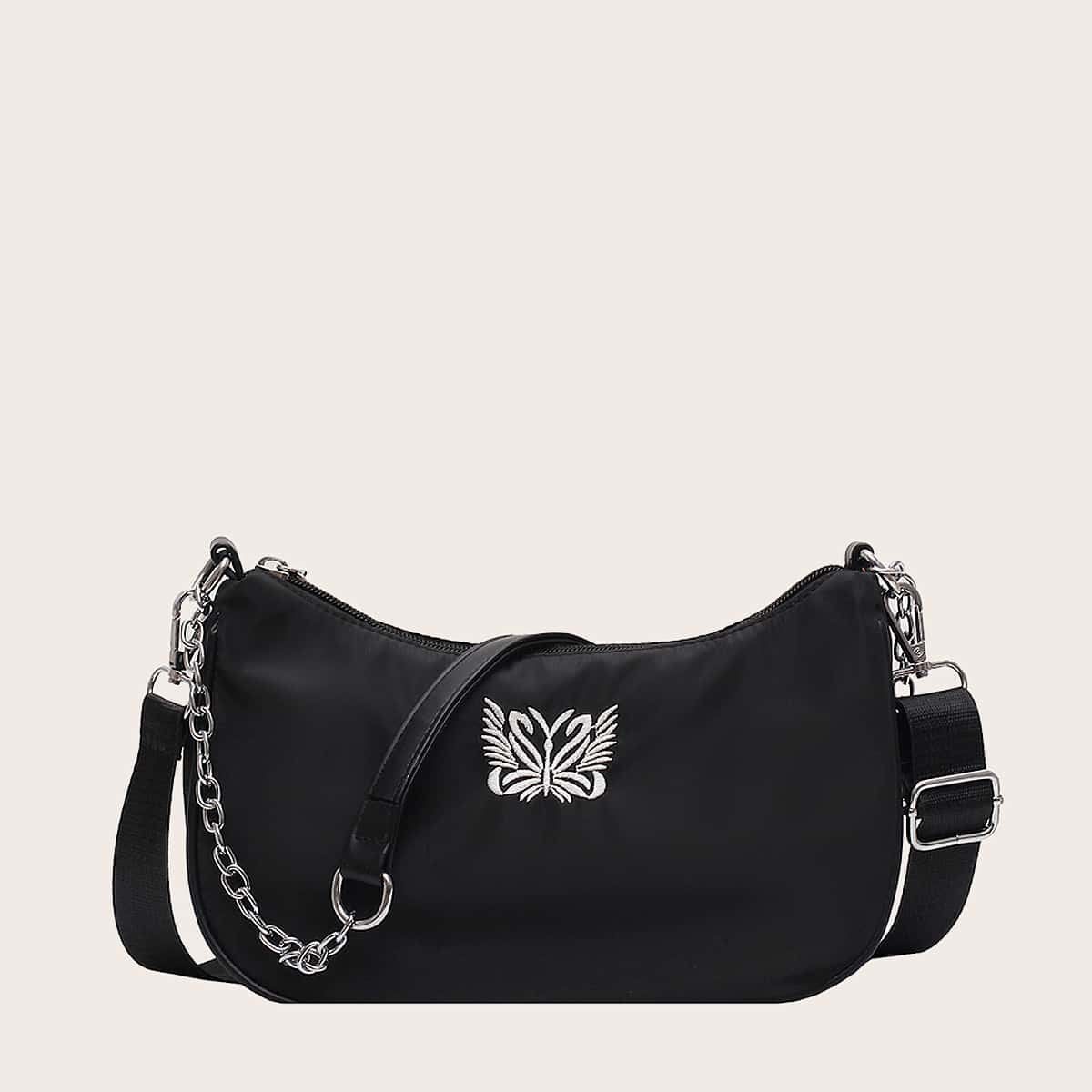 

Embroidery Butterfly Hobo Bag, Black