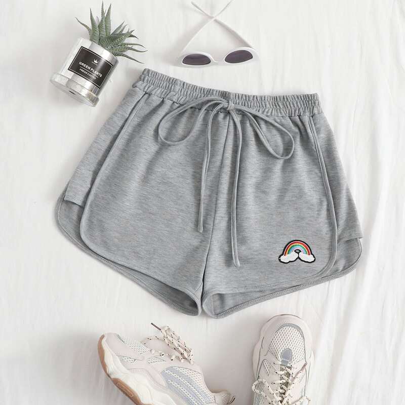 

Rainbow Patched Tie Front Dolphin Shorts, Grey
