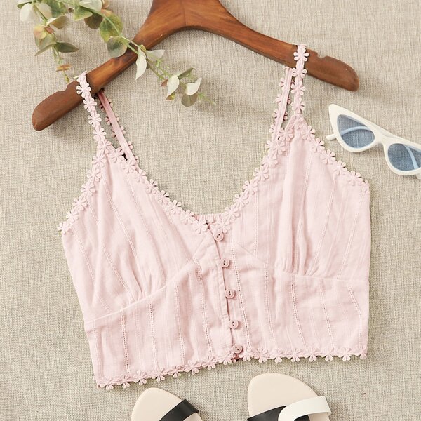 

Appliques Shirred Back Button Front Cami Top, Baby pink