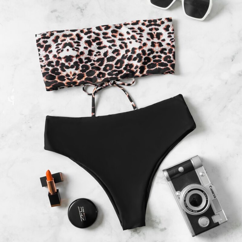 

Leopard Lace-up Bandeau Bikini Swimsuit, Multicolor