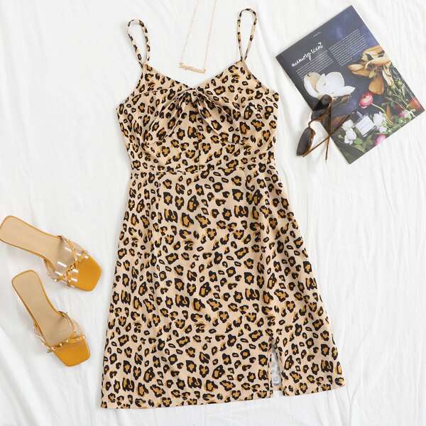 

Leopard Print Knot Detail Slit Hem Cami Dress, Multicolor