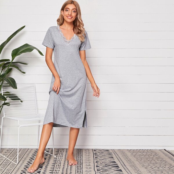 

Contrast Lace Side Split Night Dress, Light grey