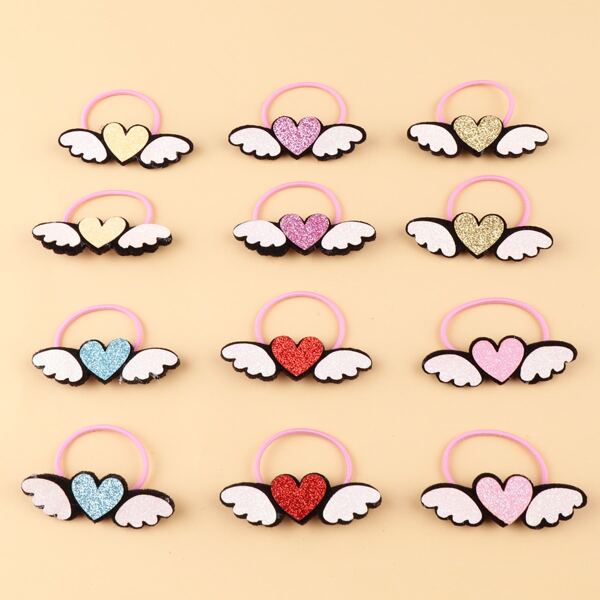 

12pcs Toddler Girls Heart Wing Hair Tie, Multicolor