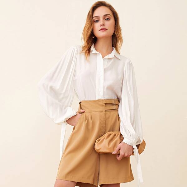 

Collared Knot Cuff Lantern Sleeve Blouse, White