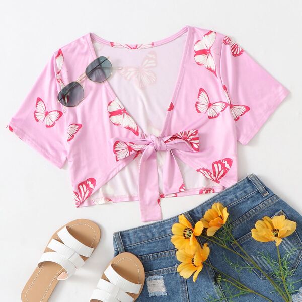 

Tie Front Butterfly Print Crop Top, Baby pink