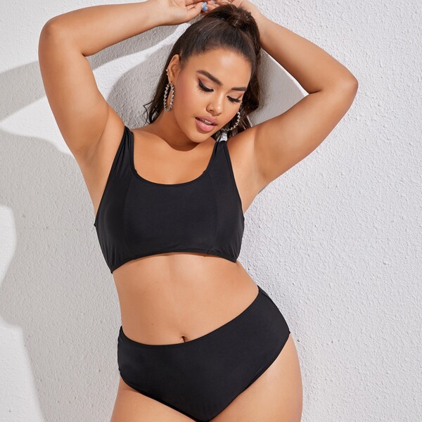 

Plus Solid High Waisted Bikini Swimsuit, Black