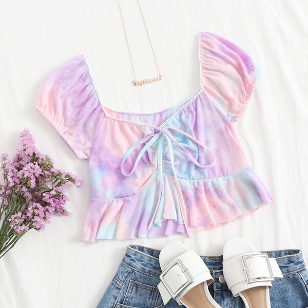 

Tie Dye Sweetheart Neck Knot Front Peplum Top, Multicolor