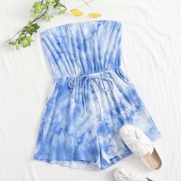 

Tie Dye Drawstring Waist Ribbed Tube Romper, Multicolor