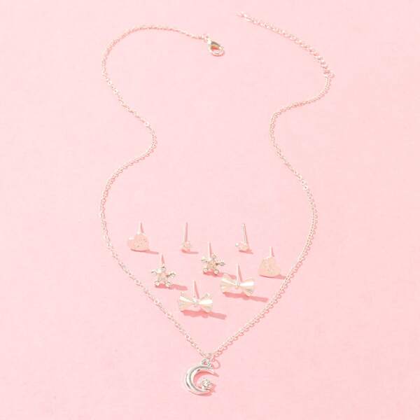 

9pcs Girls Rhinestone Decor Jewelry Set, Silver