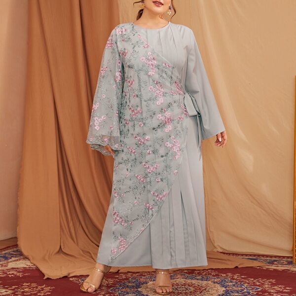 

Plus Contrast Embroidery Mesh Knot Side Maxi Dress, Light grey