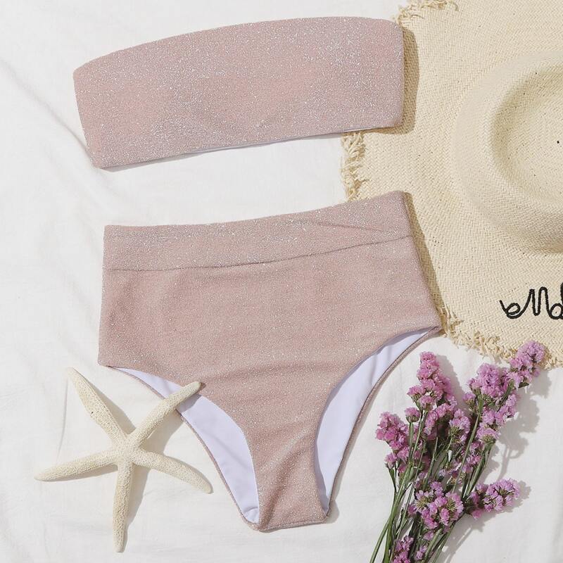 

Glitter Bandeau High Waisted Bikini Swimsuit, Pastel dusty pink