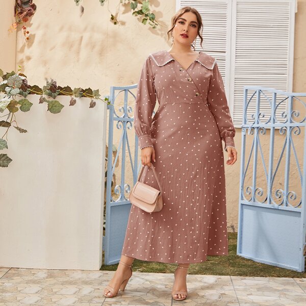 

Plus Confetti Heart Oblique Button Sailor Collar Dress, Dusty pink
