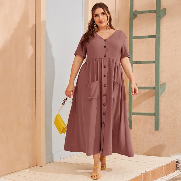 

Plus Button Front Dual Pocket A-line Dress, Dusty pink