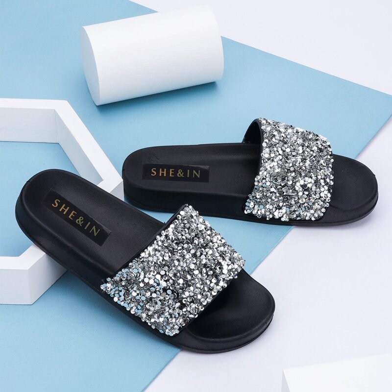 

Faux Leather Sequin Vamp Flatform Slides, Silver
