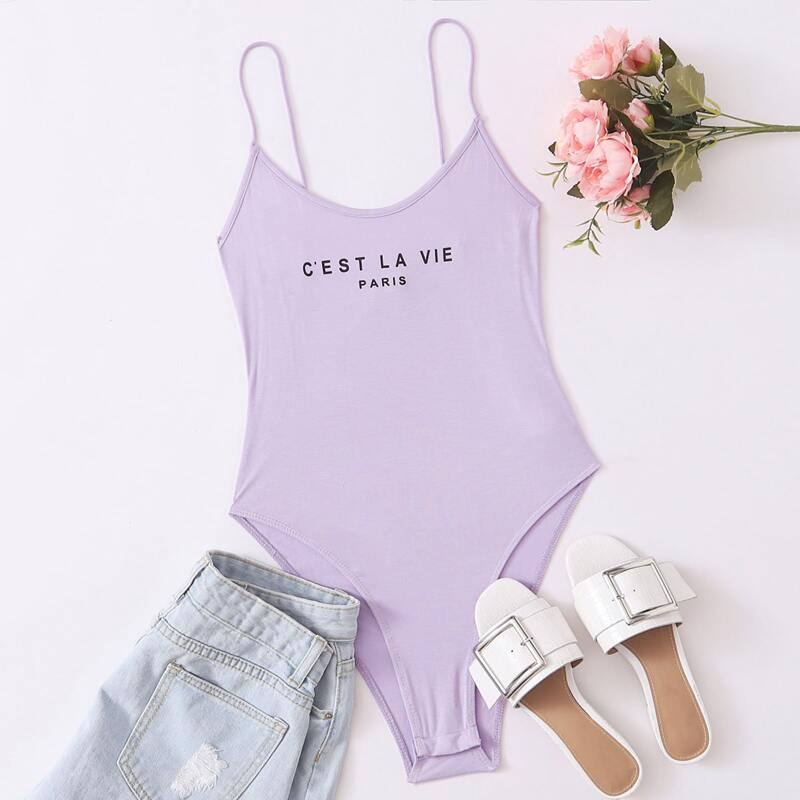 

Slogan Graphic Cami Bodysuit, Lilac purple