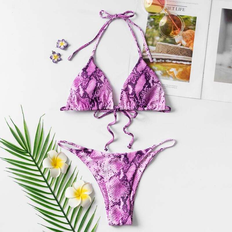 

Snakeskin Triangle Halter Tanga Bikini Swimsuit, Purple