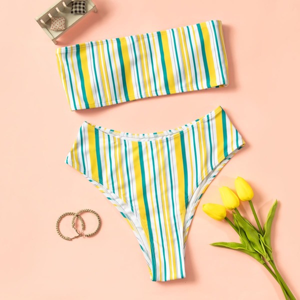 

Colorful Striped Bandeau High Waisted Bikini Swimsuit, Multicolor