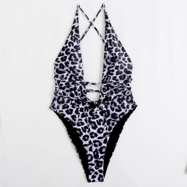 

Leopard Plunging One Piece Swimsuit, Black and white