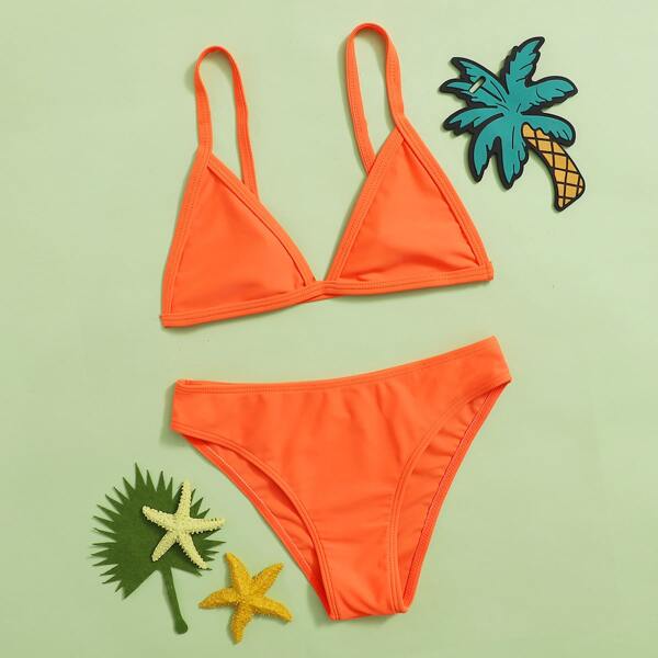 

Girls Triangle Top With Panty Bikini Set, Orange neon
