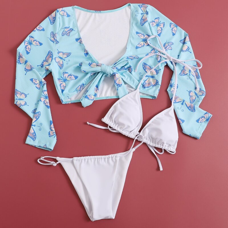 

3pack Butterfly Print Knot Triangle Halter Bikini Swimsuit, Multicolor