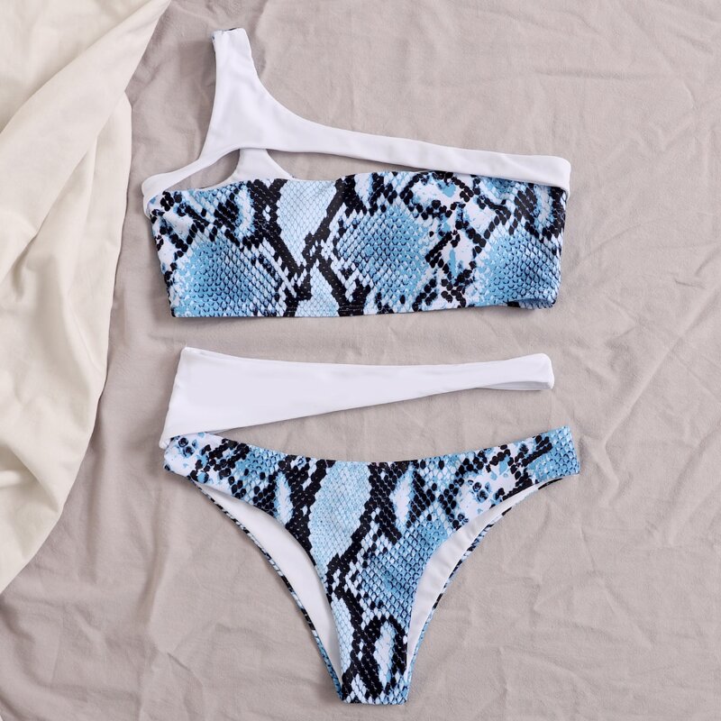 

Snakeskin Cut-out One Shoulder Bikini Swimsuit, Blue