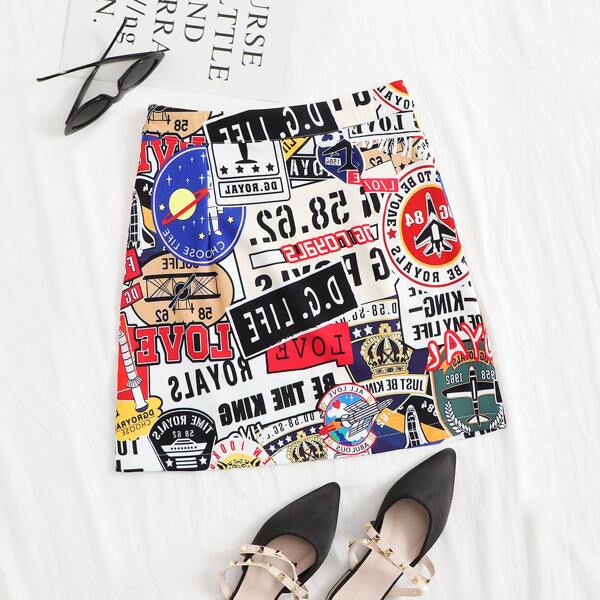 

Letter & Cartoon Graphic A-line Skirt, Multicolor