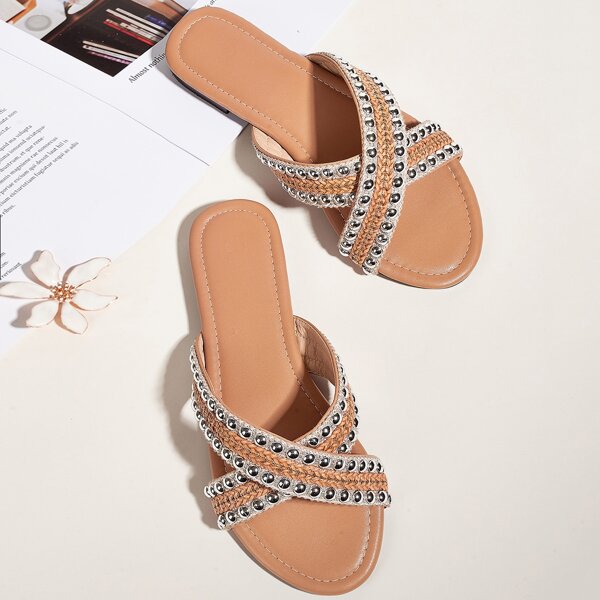

Beaded Decor Slide Sandals, Brown
