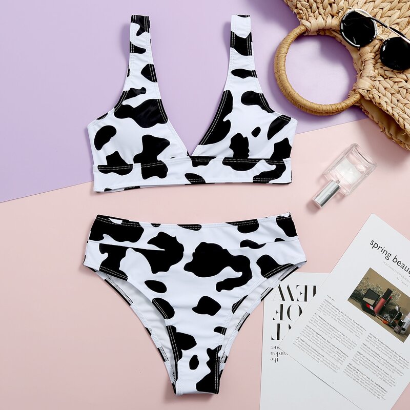 

Cow Pattern Bikini Swimsuit, Black and white