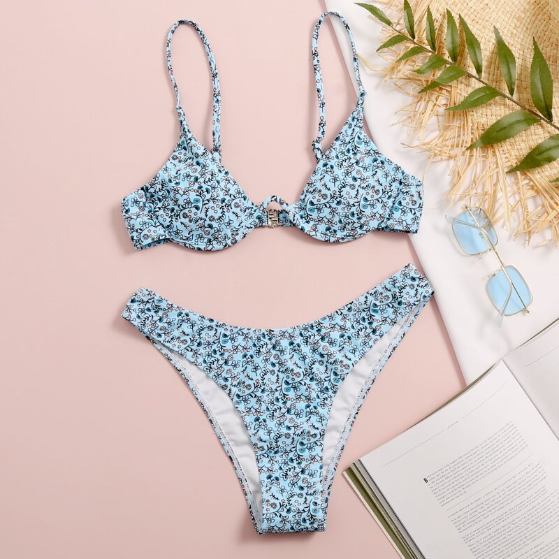 

Floral Underwire High Cut Bikini Swimsuit, Pastel baby blue