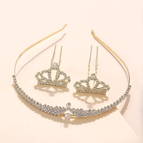 

3pcs Rhinestone Decor Crown Hair Accessory, Gold