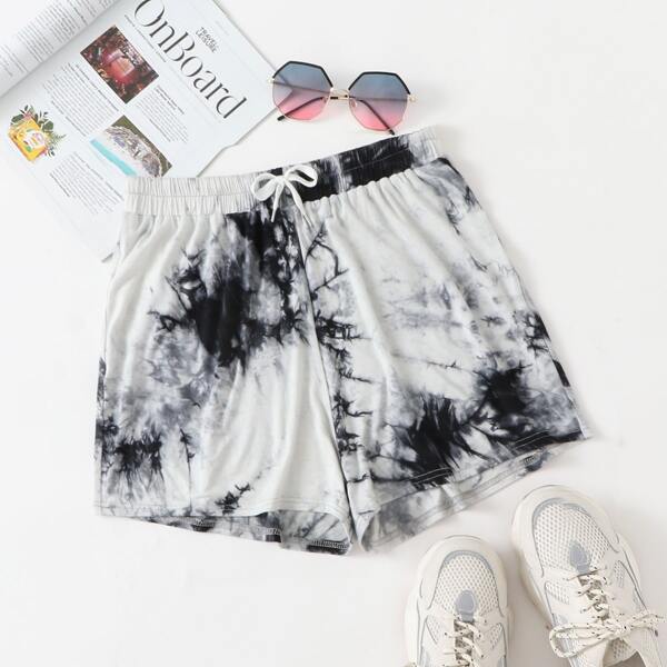 

Plus Tie-Dye Drawstring Waist Shorts, Black and white