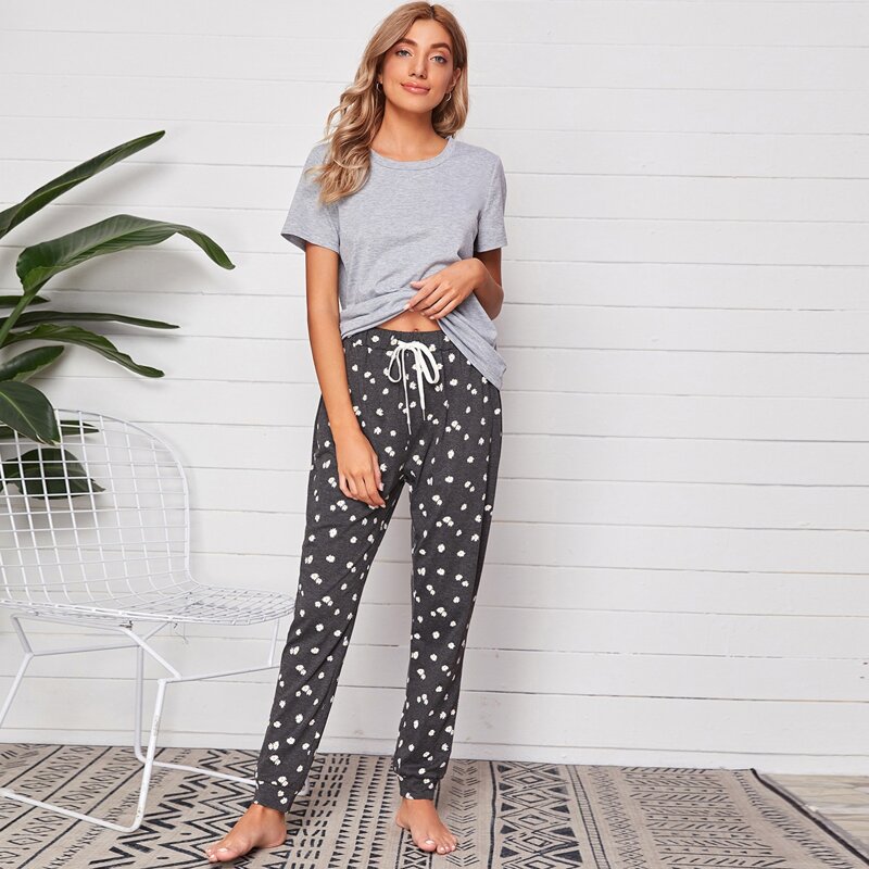 

Daisy Print Drawstring Waist PJ Set, Multicolor