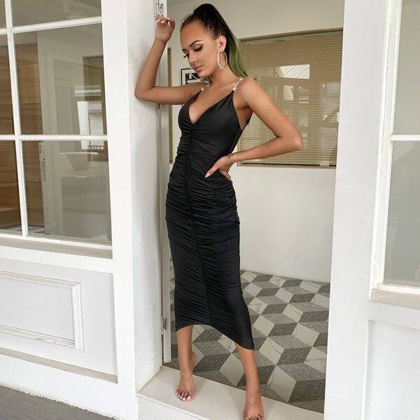 

Rhinestone Straps Ruched Bodycon Dress, Black