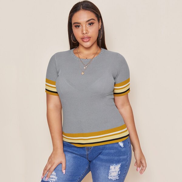 

Plus Stripe Print Knit Top, Grey