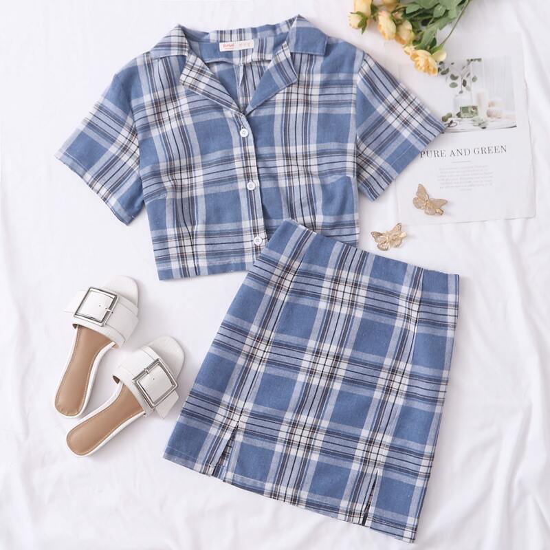 

Plaid Crop Shirt & Slit Skirt, Blue