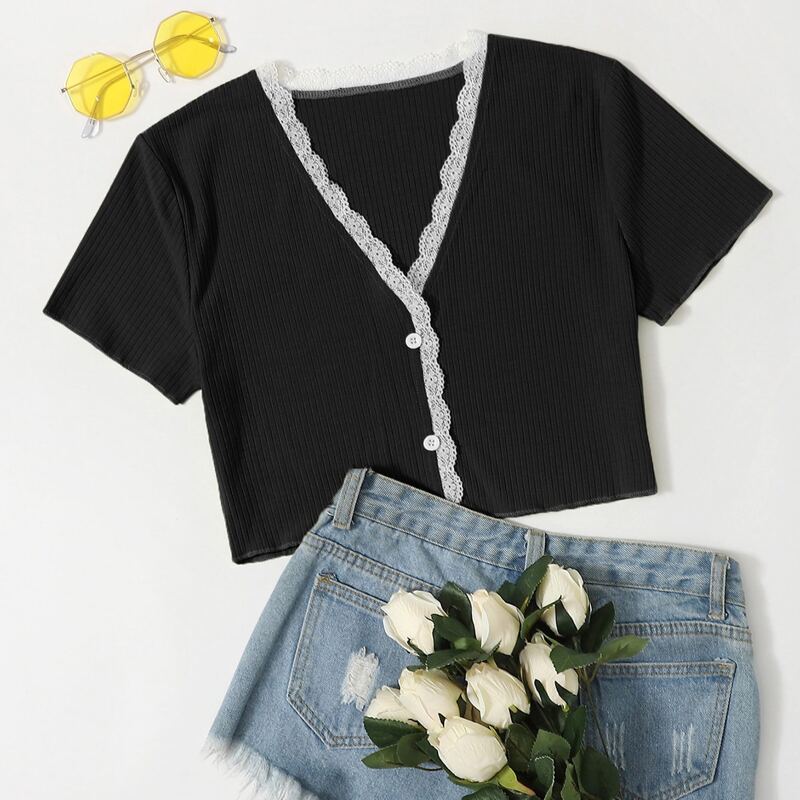 

Lace Trim Button Front Crop Top, Black
