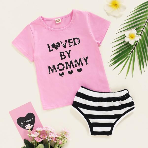 

Baby Girl Heart & Slogan Graphic Tee & Striped Shorts, Multicolor